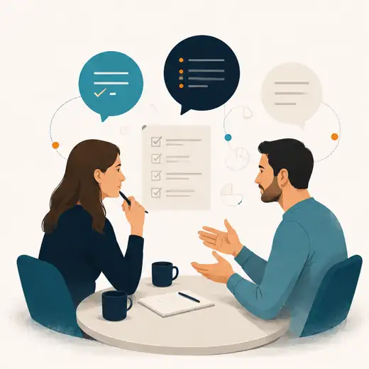 Illustration of two cofounders in conversation across a small table, with speech bubbles and a shared checklist between them
