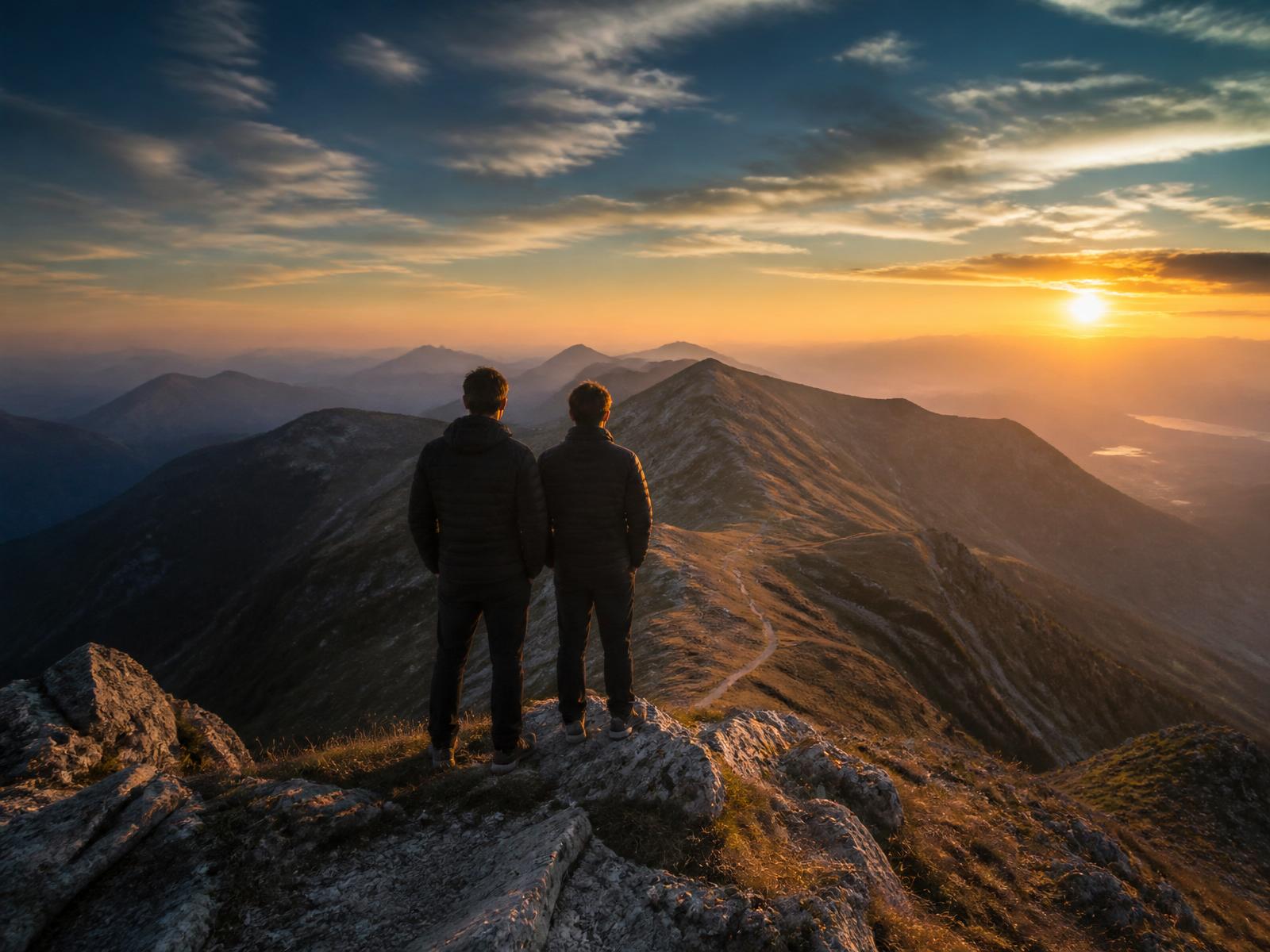 Two cofounders standing on a mountain ridge, looking across the path ahead